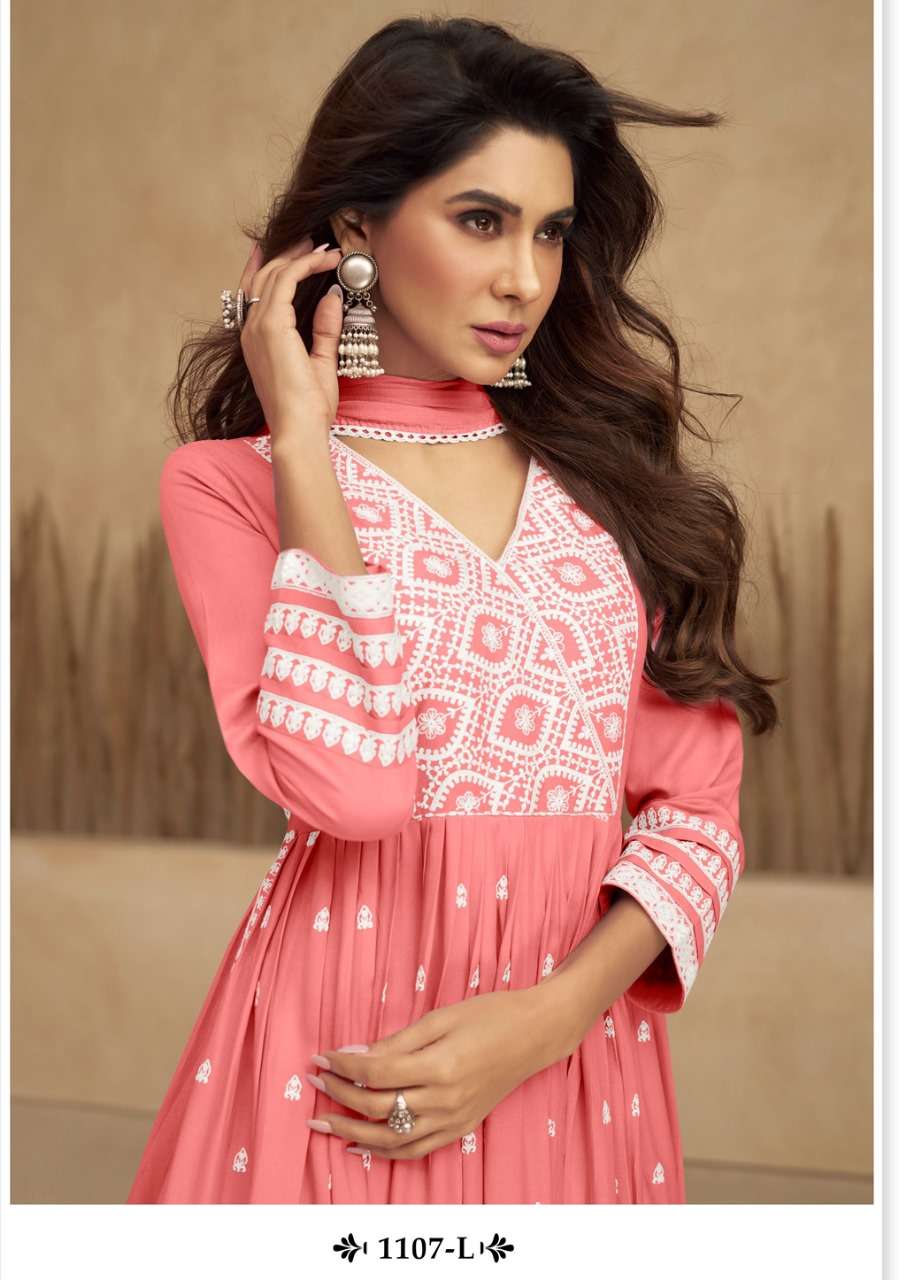 AADHRA VOL 5 LIGHT COLOR PURE RAYON LAKHNAWI WORK NAYRA CUT KURTI WITH COTTON PLAZZO AND DUPATTA BY S3FOREVER BRAND 1107 L C